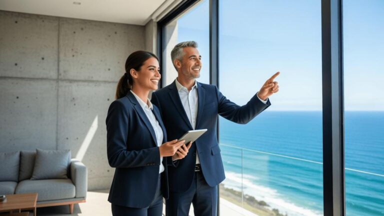 Agente imobiliário jovem e cliente satisfeito avaliando imóvel moderno com vista para o mar em São Pedro da Aldeia.