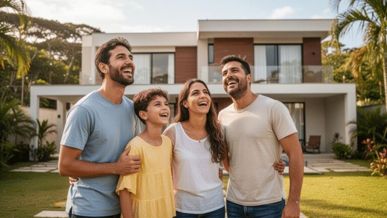 Família jovem explorando imóvel em São Pedro da Aldeia, rodeados por uma bela paisagem natural.