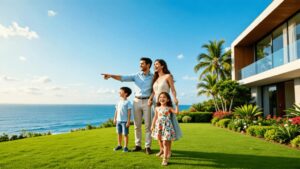 Família visitando uma casa com vista para o mar na região dos Lagos, entusiasmo na busca pelo imóvel.