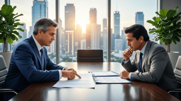 Cliente diversificado discutindo aquisição de imóvel com advogado em sala de reuniões iluminada.