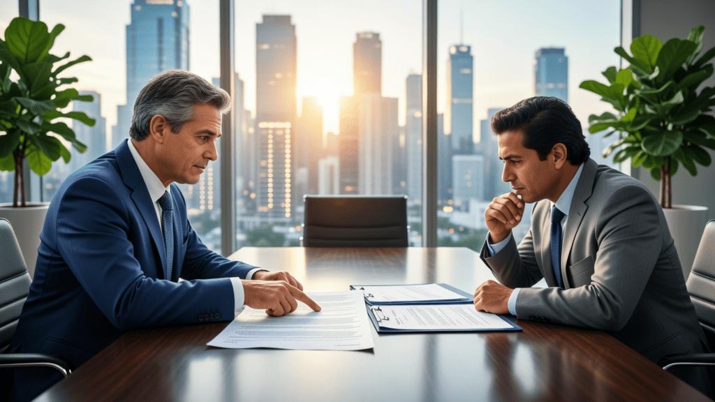 Cliente diversificado discutindo aquisição de imóvel com advogado em sala de reuniões iluminada.
