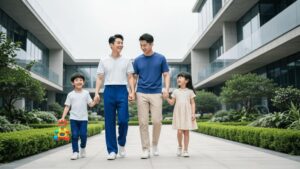 Família diversificada avaliando opções de imóveis em São Pedro da Aldeia, com ambientes verdes e azuis ao fundo.