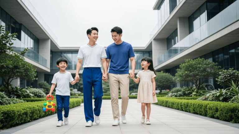 Família diversificada avaliando opções de imóveis em São Pedro da Aldeia, com ambientes verdes e azuis ao fundo.