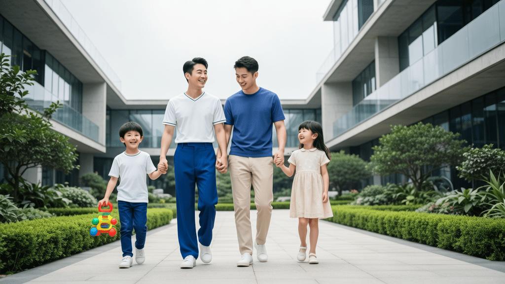 Família diversificada avaliando opções de imóveis em São Pedro da Aldeia, com ambientes verdes e azuis ao fundo.