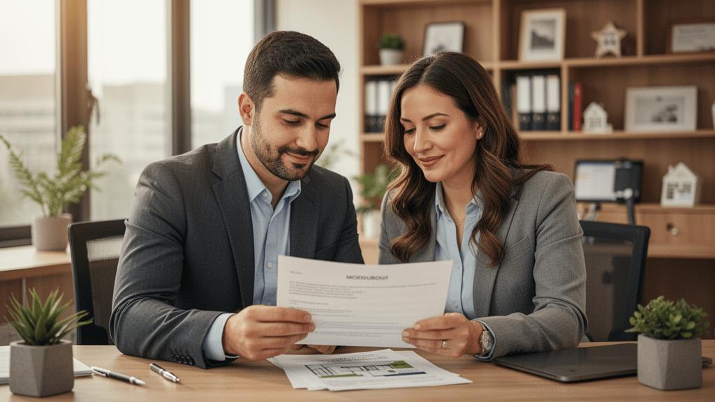 Casal diverso analisando documentação de imóvel em escritório de imobiliária em São Pedro da Aldeia.
