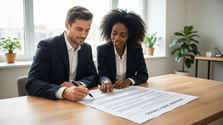 Casal diversificado revisando contrato de compra de imóvel em escritório imobiliário, simbolizando confiança na transação.