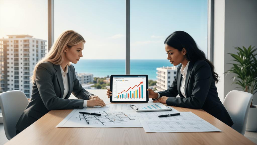 Duas mulheres discutindo sobre compra de imóveis com mapas em escritório imobiliário moderno em São Pedro da Aldeia.