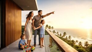 Família moderna visitando imóvel em São Pedro da Aldeia em varanda com vista marítima