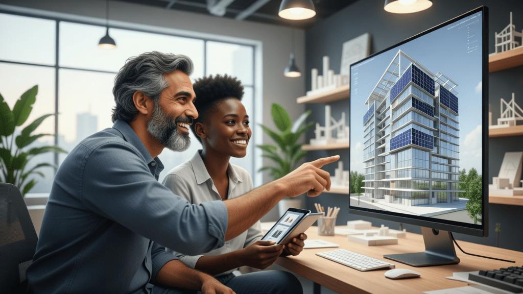 Homem e mulher de diferentes etnias analisando projeto imobiliário em escritório moderno.