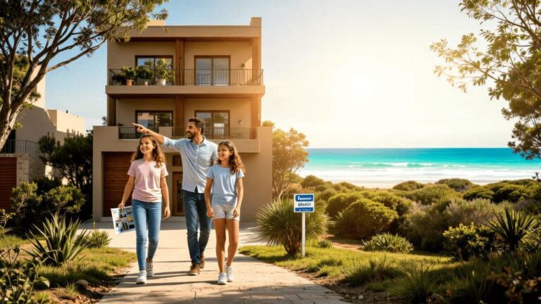 Família diversa visitando imóvel em São Pedro da Aldeia em um ambiente residencial, transmitindo otimismo e satisfação.