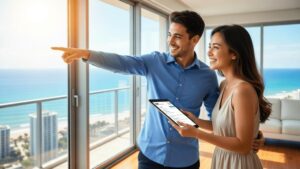 Casal jovem avaliando apartamento com vista para a praia em São Pedro da Aldeia.
