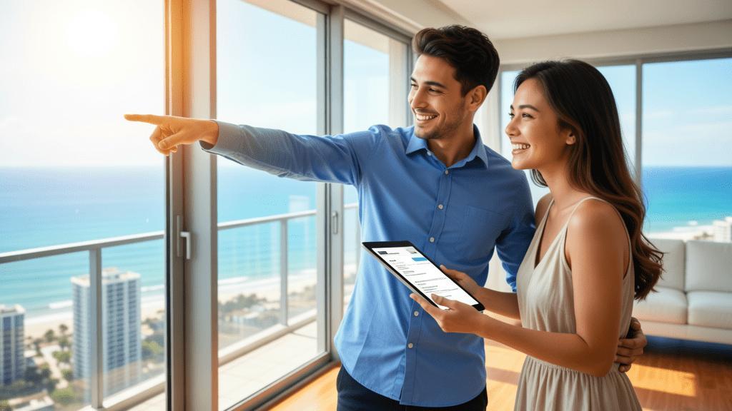 Casal jovem avaliando apartamento com vista para a praia em São Pedro da Aldeia.