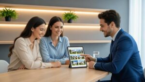 Casal jovem e corretor discutindo imóveis em escritório moderno em São Pedro da Aldeia.