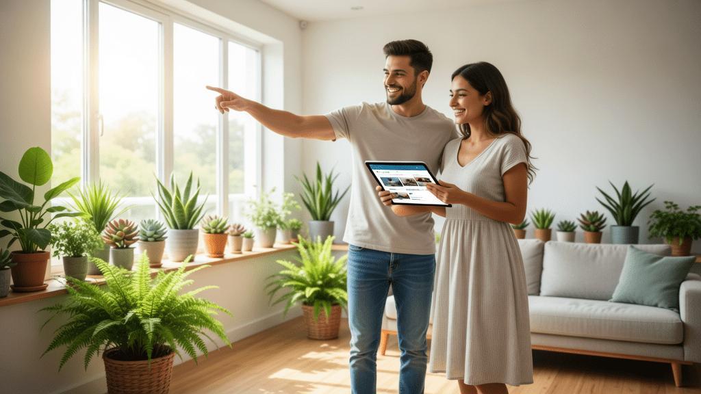 Casal jovem visitando imóvel à venda em uma sala de estar moderna, refletindo a valorização imobiliária em São Pedro da Aldeia.