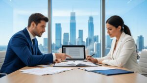 Comprador e corretor diversificados revisando documentos em sala de reuniões com vista para São Pedro da Aldeia.