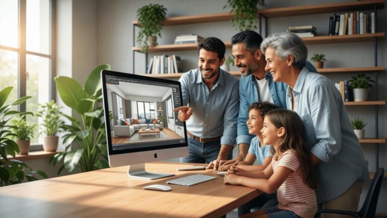 Família multicultural conversando sobre a compra de imóvel em escritório moderno, refletindo segurança e otimismo.