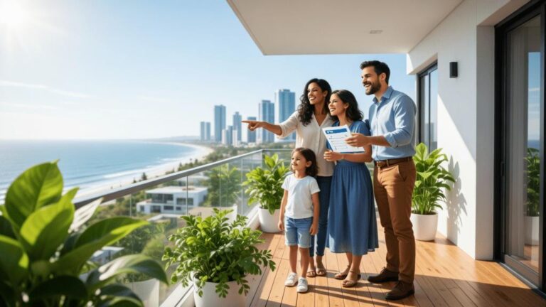 Família diversificada visitando um imóvel com corretor em varanda com vista para a praia.