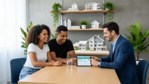 Casal diversificado conversando com corretor de imóveis em escritório moderno sobre compra de imóvel em São Pedro da Aldeia.