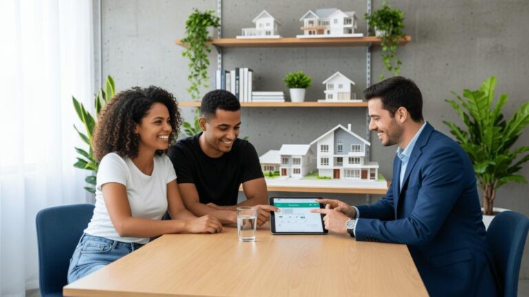 Casal diversificado conversando com corretor de imóveis em escritório moderno sobre compra de imóvel em São Pedro da Aldeia.