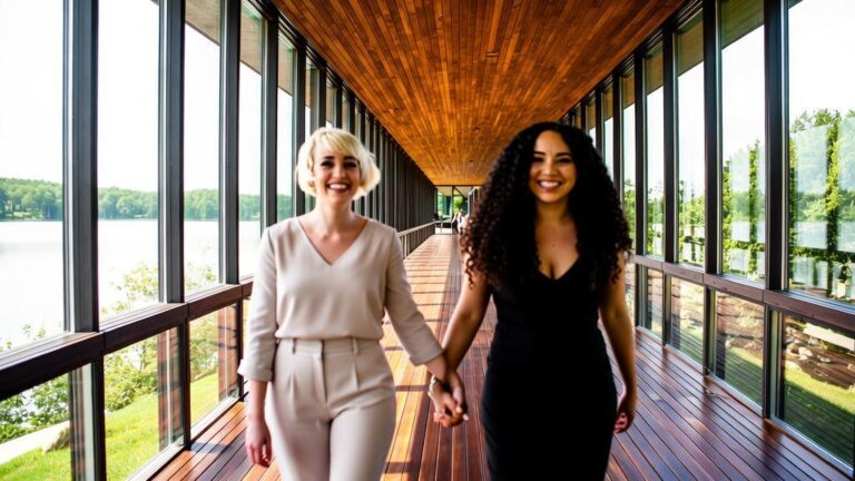 Casal diversificado visitando imóvel em São Pedro da Aldeia com vista para um lago durante dia ensolarado.
