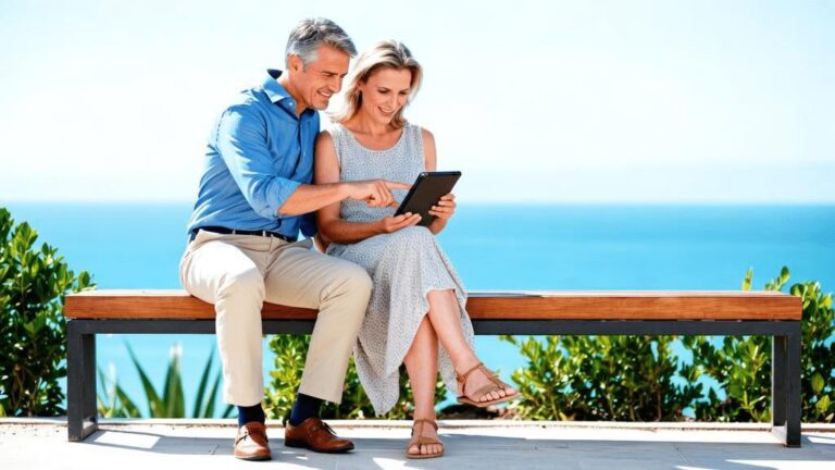 Casal diverso analisando a compra de um imóvel em São Pedro da Aldeia com vista para o mar.