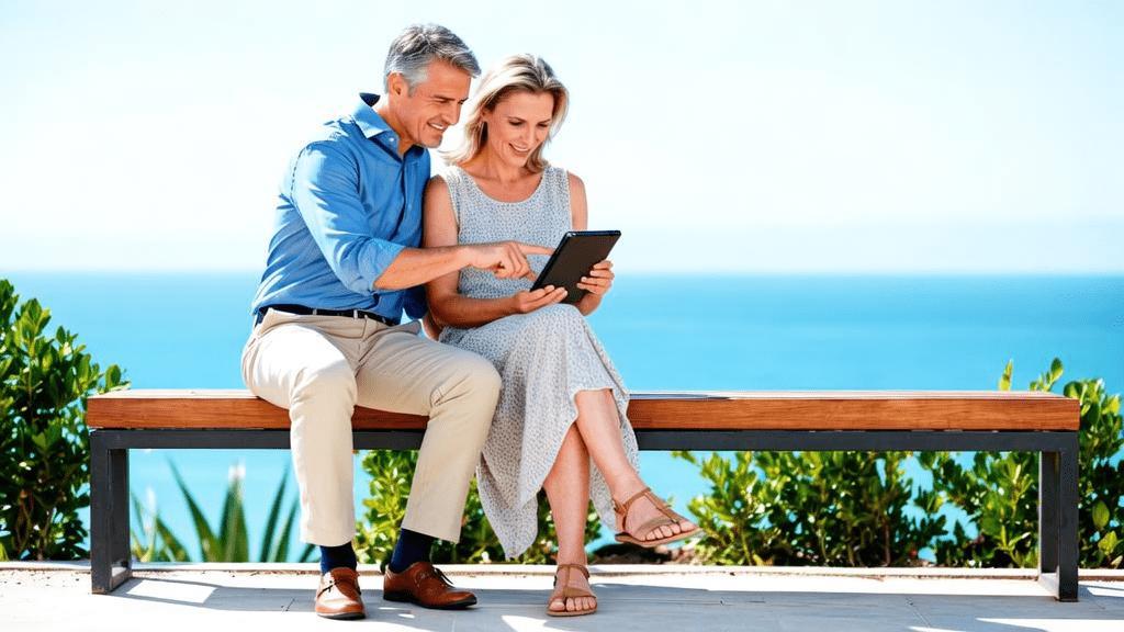 Casal diverso analisando a compra de um imóvel em São Pedro da Aldeia com vista para o mar.