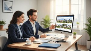 Casal confiante analisando opções de imóveis com corretor em escritório com vista, referência à compra de imóveis.