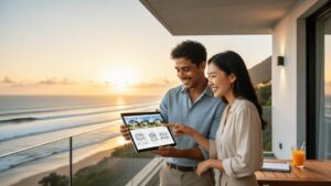 Casal jovem multicultural discutindo sobre compra de imóvel em varanda com vista para o mar.