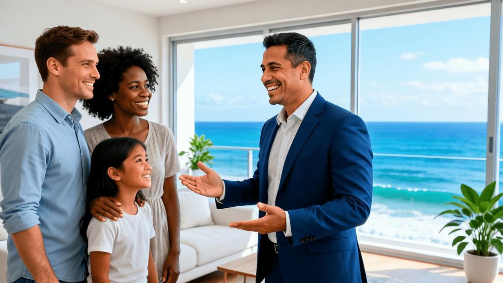 Profissional imobiliário apresentando imóvel moderno a família diversificada em sala com vista para o mar.