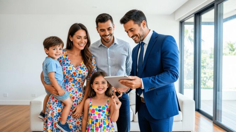 Família feliz avaliando imóvel com corretor em ambiente acolhedor durante compra em São Pedro da Aldeia.