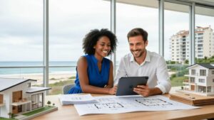 Casal diversificado avaliando opções de imóveis em escritório moderno em São Pedro da Aldeia.