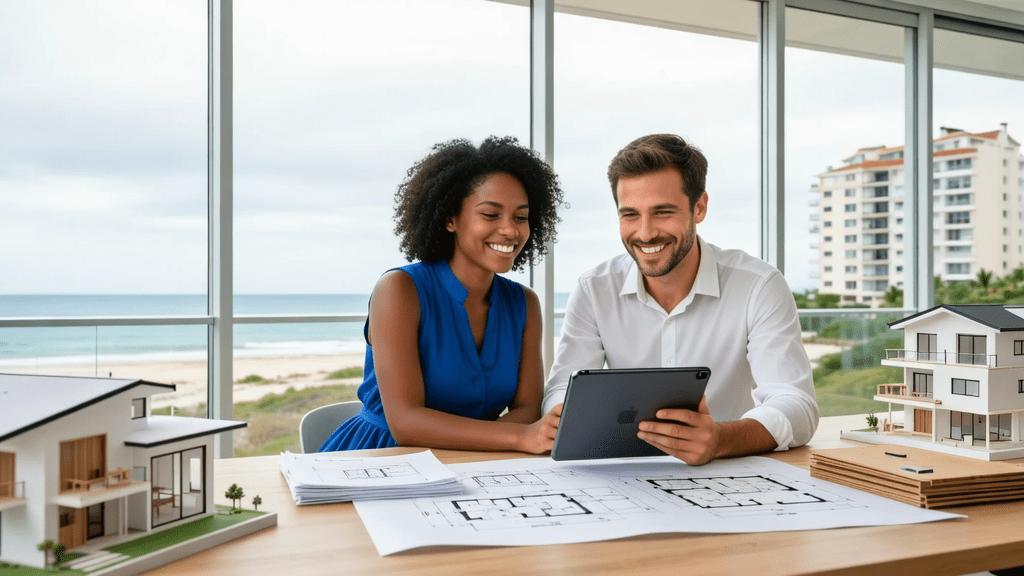 Casal diversificado avaliando opções de imóveis em escritório moderno em São Pedro da Aldeia.