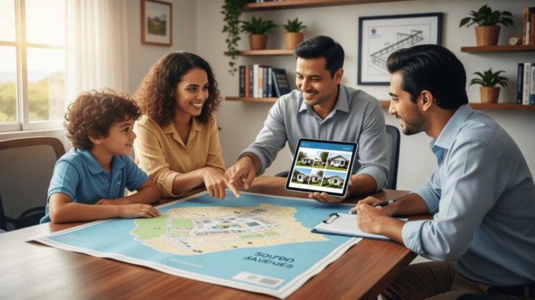 Família diversa consultando sobre compra de imóvel em escritório, representando o guia para São Pedro da Aldeia.