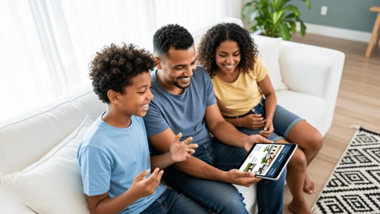 Família multicultural pesquisando sobre compra de imóvel em sala de estar moderna, transmitindo esperança e planejamento.