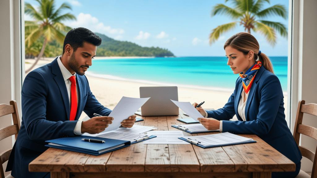 Casal multicultural analisando documentos sobre imóveis em uma praia da Região dos Lagos, destacando qualidade de vida e segurança na compra.