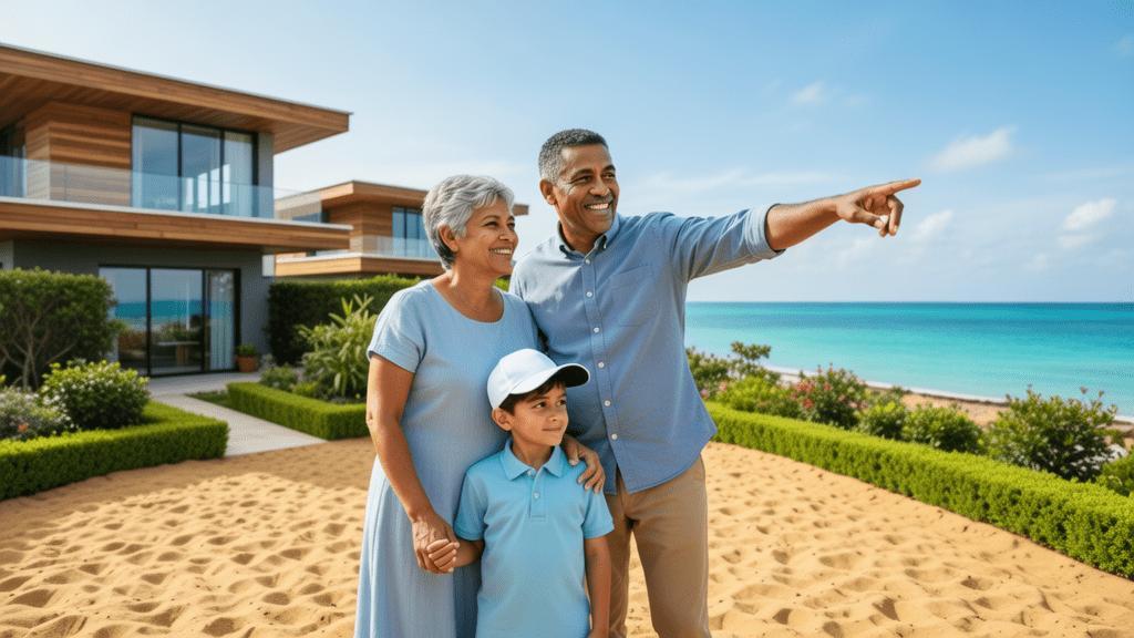 Família multicultural visitando imóvel à beira-mar na Região dos Lagos durante o processo de compra de imóvel.