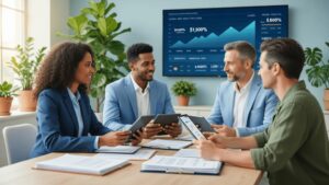 Casal diverso discutindo sobre compra de imóvel em sala de reuniões com plantas e documentos.