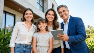 Família diversificada sorrindo com corretor de imóveis em área externa de imóvel moderno.