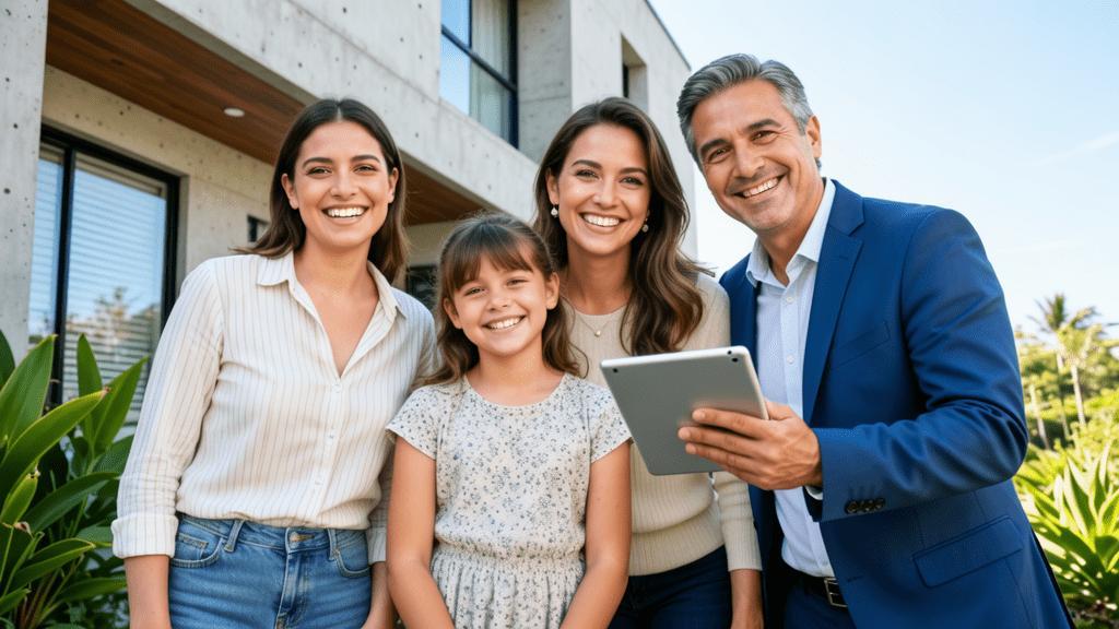Família diversificada sorrindo com corretor de imóveis em área externa de imóvel moderno.