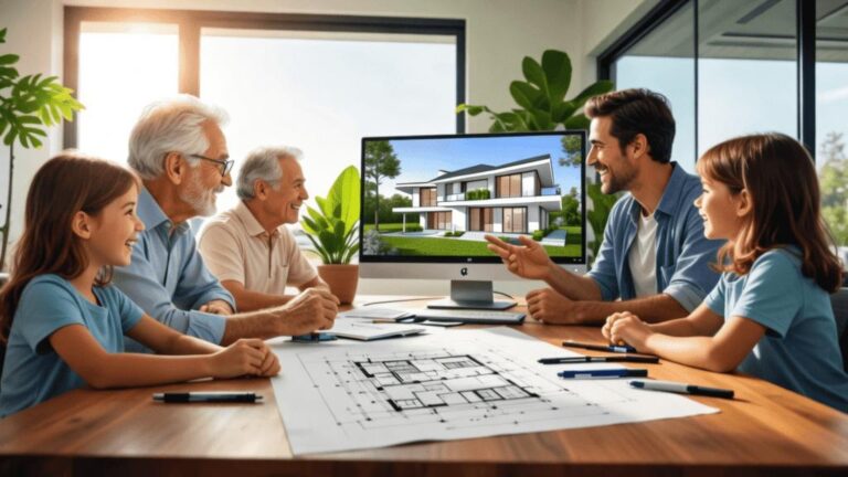 Família diversificada revisando documentos e plantas de imóveis em escritório moderno com janelas amplas em São Pedro da Aldeia.