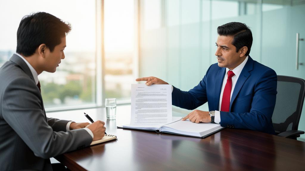 Advogado e cliente diversificado revisando documentos de compra de imóvel em escritório moderno.