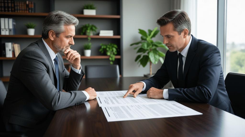 Cliente consultando advogado especializado em imóveis em escritório moderno com documentos.