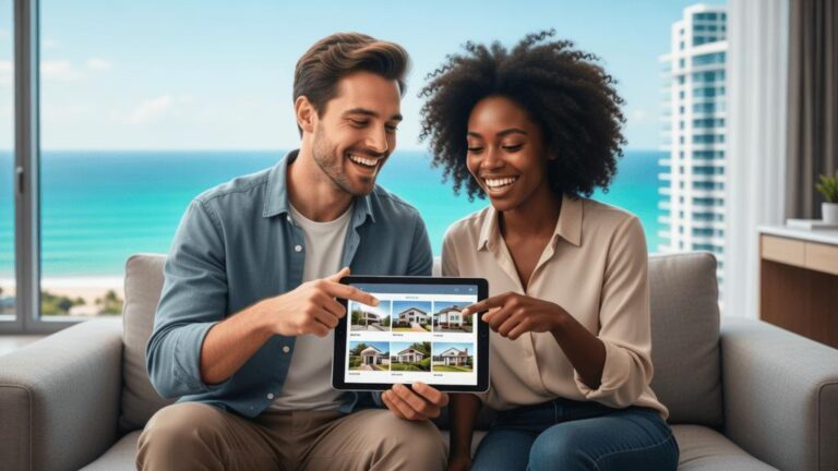 Casal diversificado discutindo a compra de imóvel em ambiente moderno, ressaltando aspectos de segurança e confiança na transação.