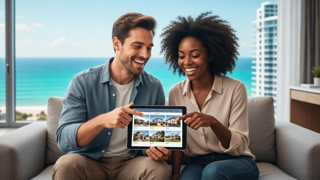 Casal diversificado discutindo a compra de imóvel em ambiente moderno, ressaltando aspectos de segurança e confiança na transação.