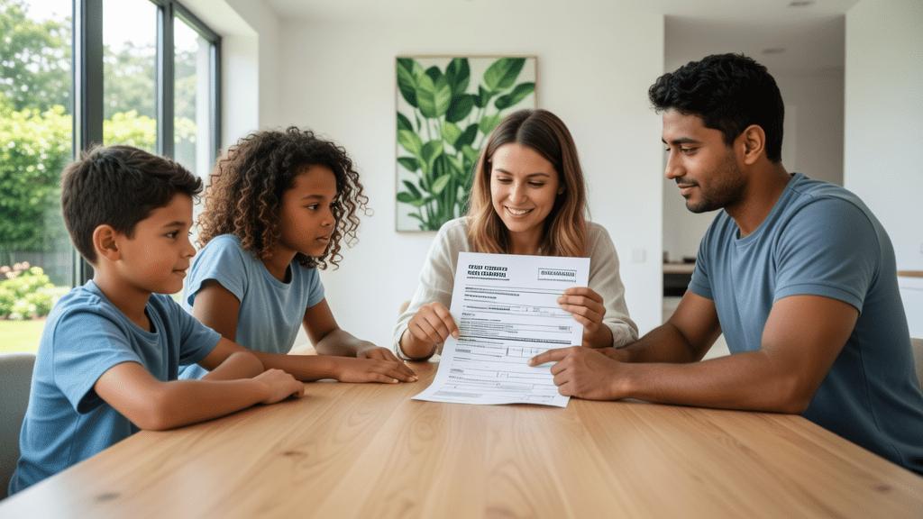 Família de diferentes etnias revisando documentação para compra de imóvel em uma moderna sala de reuniões.