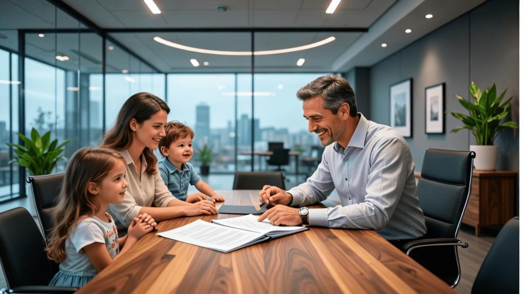Família diversa consultando advogado em escritório moderno sobre compra de imóvel.
