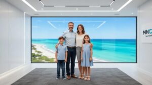 Família diversa em escritório imobiliário, planejando a compra de imóvel na Região dos Lagos.