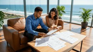 Casal diversificado examinando documentos de compra de imóveis no escritório com vista para o mar