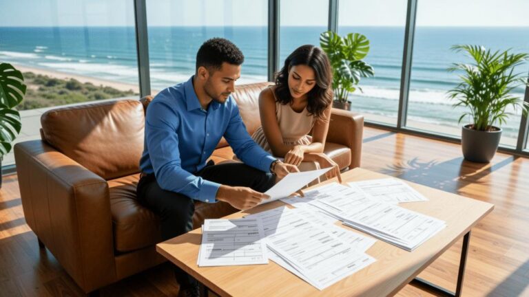 Casal diversificado examinando documentos de compra de imóveis no escritório com vista para o mar