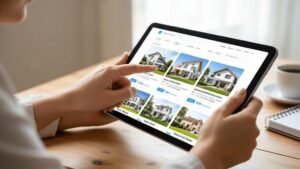 Casal diverso discutindo estratégias para compra de imóvel em frente a imóveis na praia na Região dos Lagos.